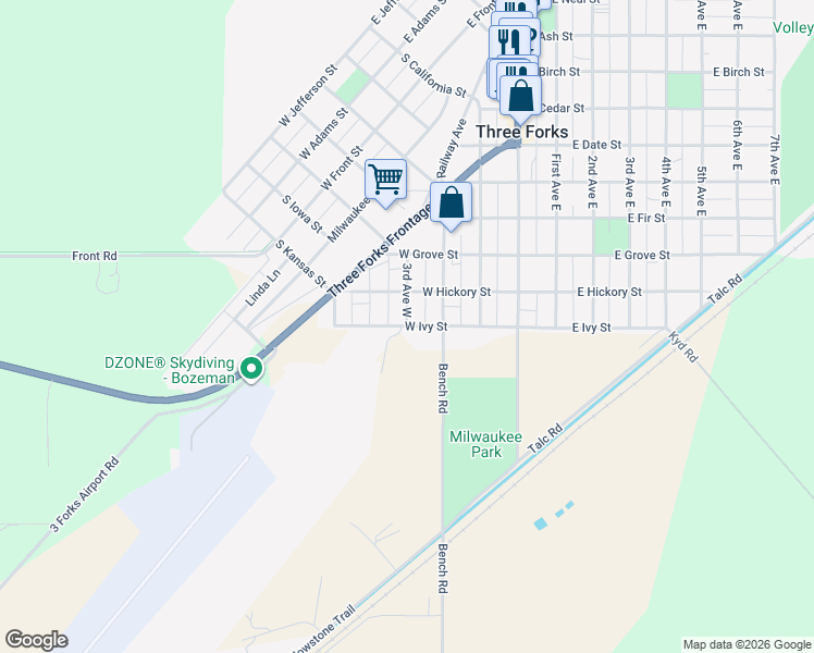 map of restaurants, bars, coffee shops, grocery stores, and more near 347 West Ivy Street in Three Forks