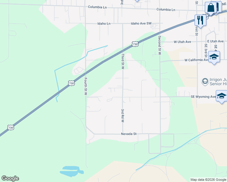 map of restaurants, bars, coffee shops, grocery stores, and more near 125 Myer Avenue in Irrigon