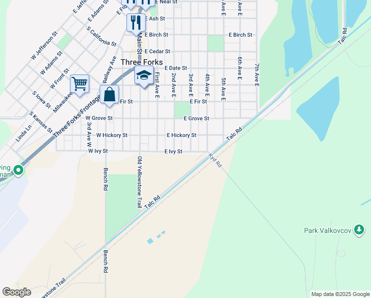 map of restaurants, bars, coffee shops, grocery stores, and more near 130 Old Yellowstone Trail in Three Forks
