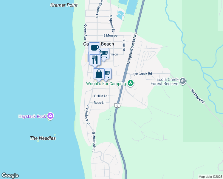 map of restaurants, bars, coffee shops, grocery stores, and more near 195 Hills Lane in Cannon Beach