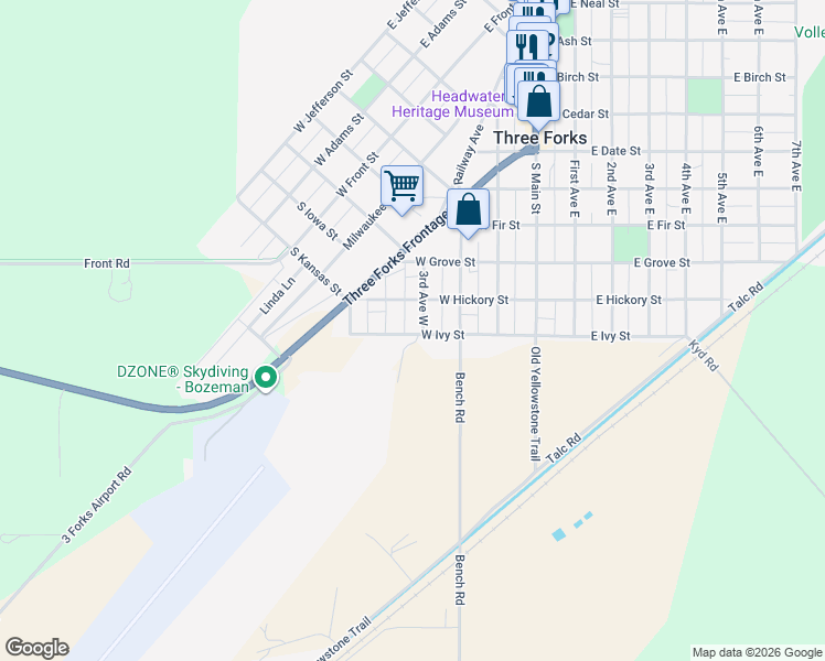 map of restaurants, bars, coffee shops, grocery stores, and more near 804 Highway 2 in Three Forks
