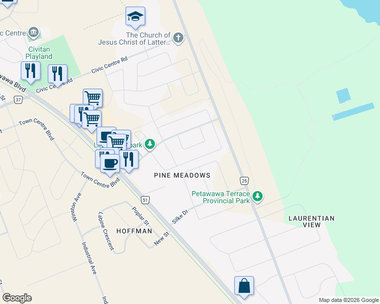 map of restaurants, bars, coffee shops, grocery stores, and more near 523 Turning Stone Crescent in Petawawa