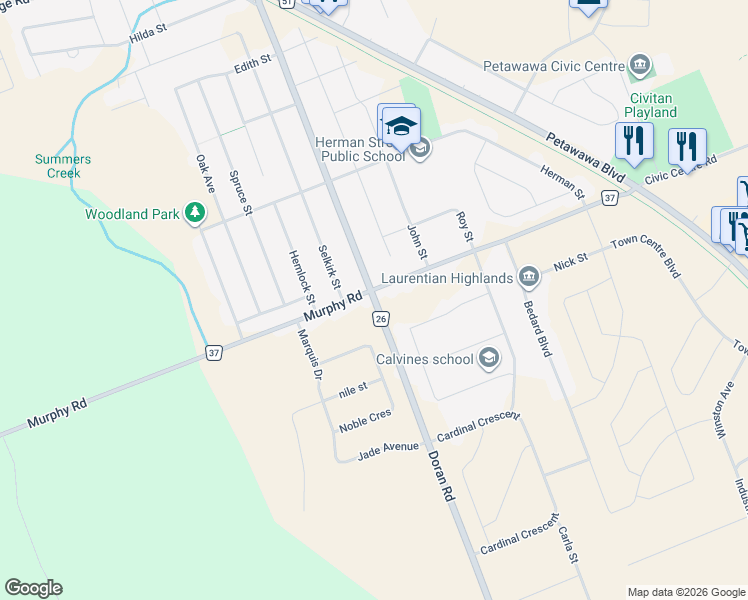 map of restaurants, bars, coffee shops, grocery stores, and more near 4 Doran Road in Petawawa