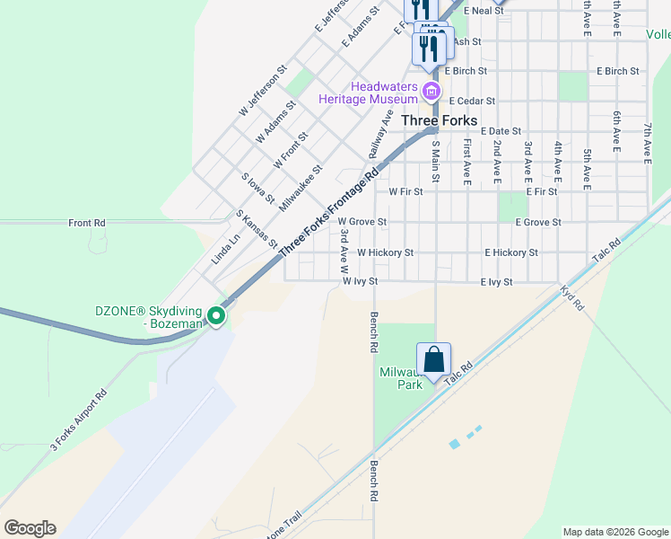 map of restaurants, bars, coffee shops, grocery stores, and more near 301-349 West Hickory Street in Three Forks