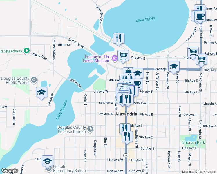 map of restaurants, bars, coffee shops, grocery stores, and more near 401 Elm Street in Alexandria