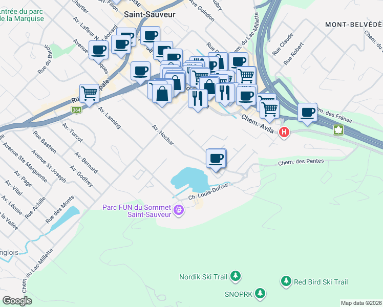 map of restaurants, bars, coffee shops, grocery stores, and more near 202 Avenue Hochar in Saint-Sauveur