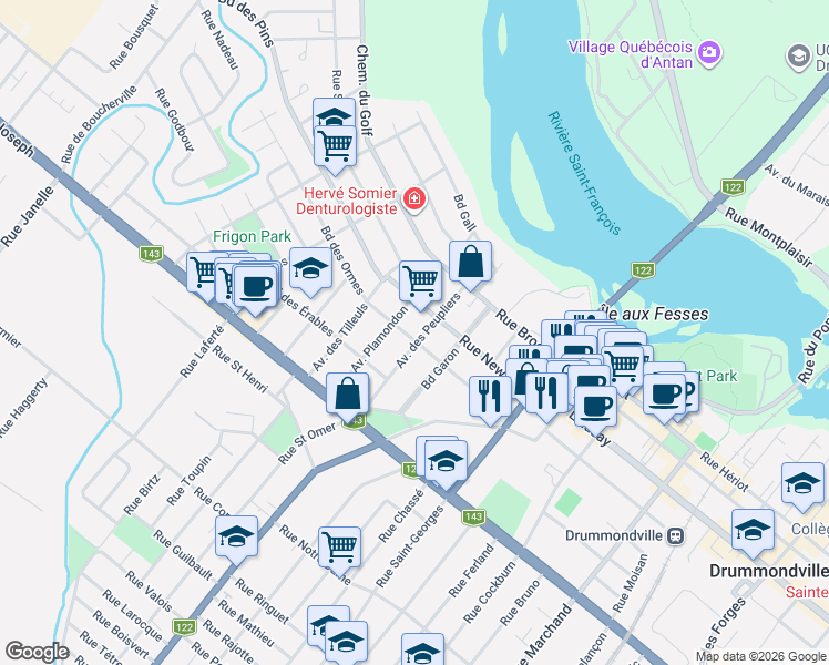 map of restaurants, bars, coffee shops, grocery stores, and more near 39 Avenue des Peupliers in Drummondville