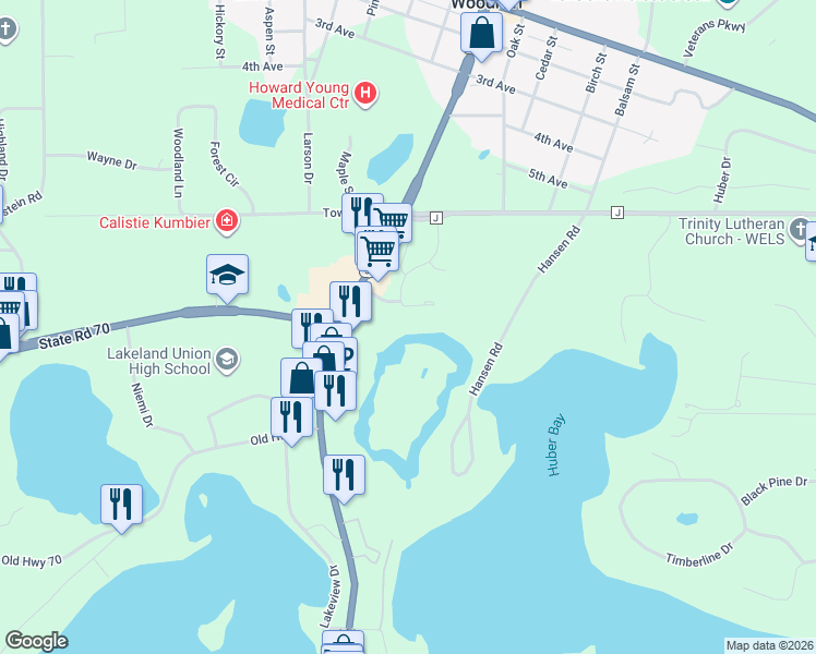 map of restaurants, bars, coffee shops, grocery stores, and more near 8719 Packing Plant Road in Minocqua