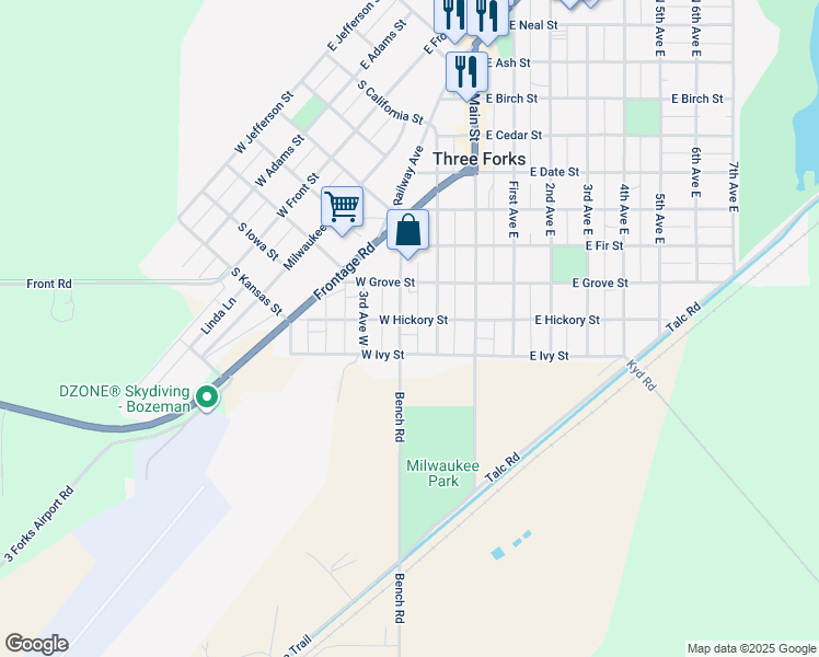 map of restaurants, bars, coffee shops, grocery stores, and more near 101-199 West Hickory Street in Three Forks