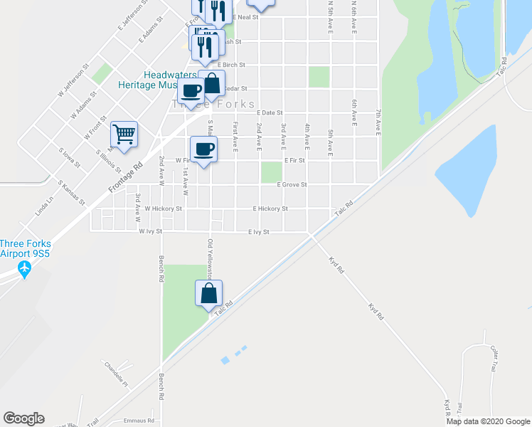 map of restaurants, bars, coffee shops, grocery stores, and more near 203 East Hickory Street in Three Forks