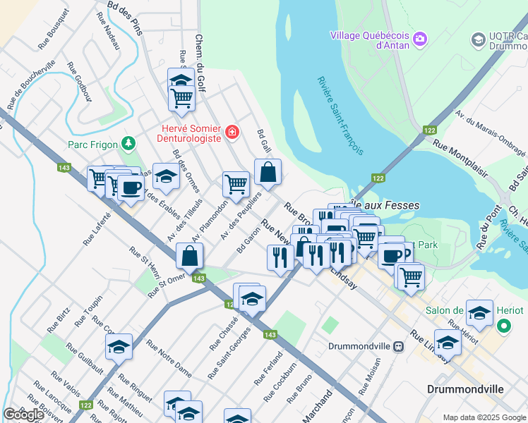 map of restaurants, bars, coffee shops, grocery stores, and more near 171 Boulevard Garon in Drummondville