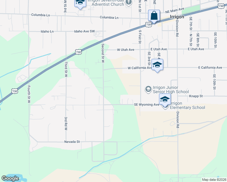 map of restaurants, bars, coffee shops, grocery stores, and more near 495 Second Street West in Irrigon