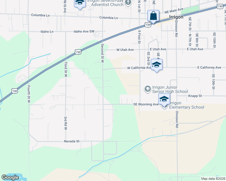 map of restaurants, bars, coffee shops, grocery stores, and more near 495 Second Street West in Irrigon