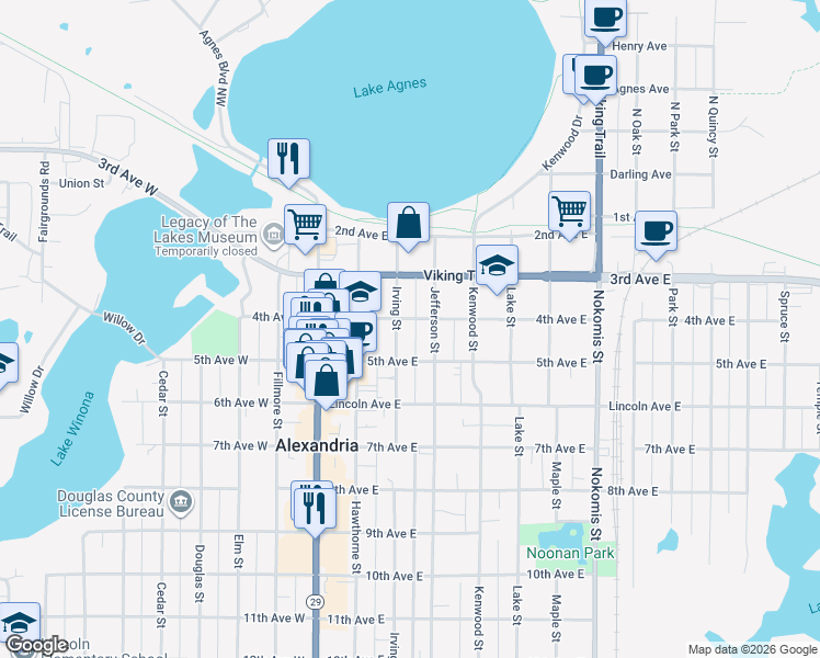 map of restaurants, bars, coffee shops, grocery stores, and more near 304 4th Avenue West in Alexandria