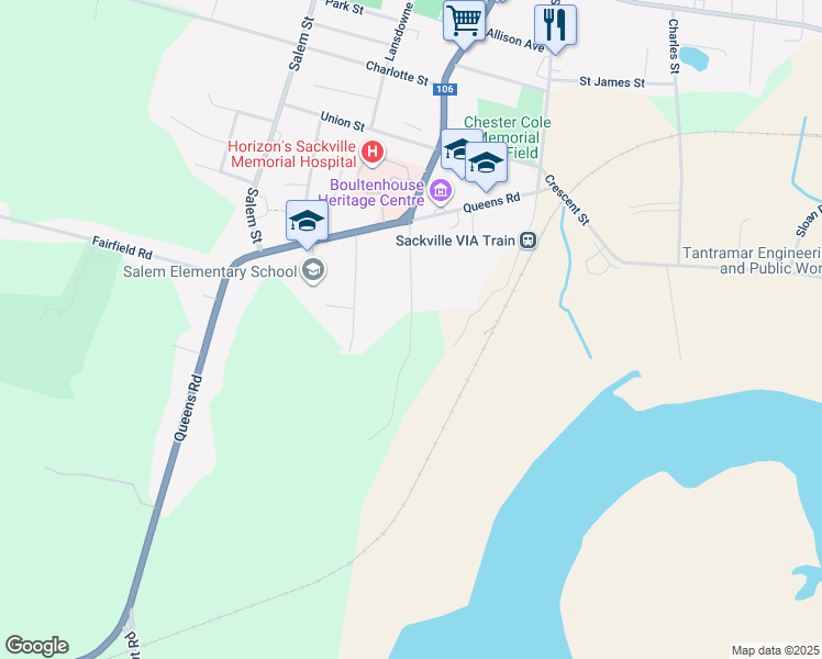 map of restaurants, bars, coffee shops, grocery stores, and more near 17 Bulmer Lane in Sackville