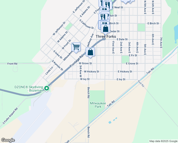 map of restaurants, bars, coffee shops, grocery stores, and more near 199 West Hickory Street in Three Forks