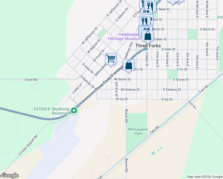 map of restaurants, bars, coffee shops, grocery stores, and more near 301 West Hickory Street in Three Forks