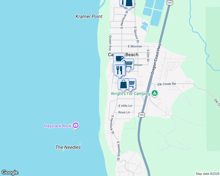 map of restaurants, bars, coffee shops, grocery stores, and more near 1360 Pacific in Cannon Beach