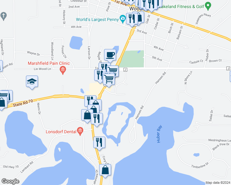 map of restaurants, bars, coffee shops, grocery stores, and more near 8730 Packing Plant Road in Minocqua