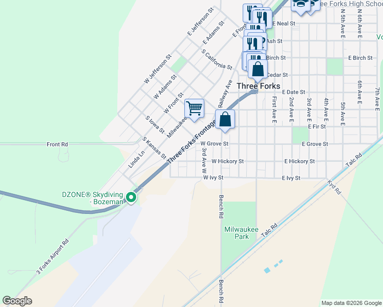 map of restaurants, bars, coffee shops, grocery stores, and more near 351-415 West Hickory Street in Three Forks