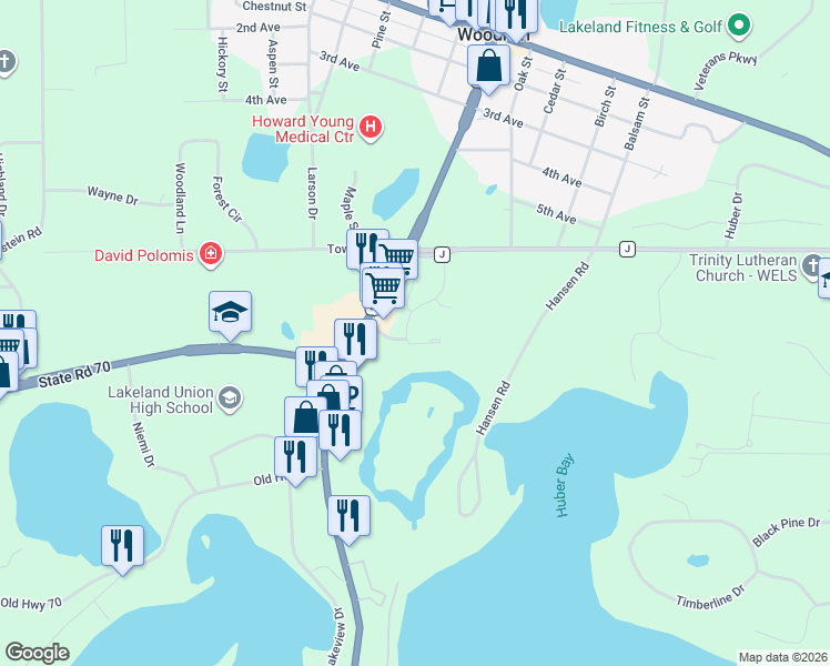 map of restaurants, bars, coffee shops, grocery stores, and more near 8719 Packing Plant Road in Minocqua