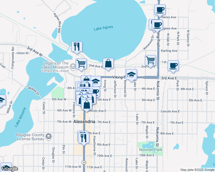 map of restaurants, bars, coffee shops, grocery stores, and more near 304 4th Avenue West in Alexandria