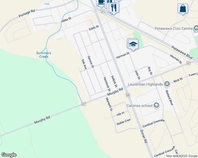 map of restaurants, bars, coffee shops, grocery stores, and more near 94 Spruce Street in Petawawa