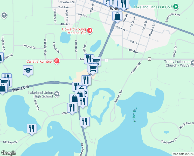 map of restaurants, bars, coffee shops, grocery stores, and more near 8719 Packing Plant Road in Minocqua