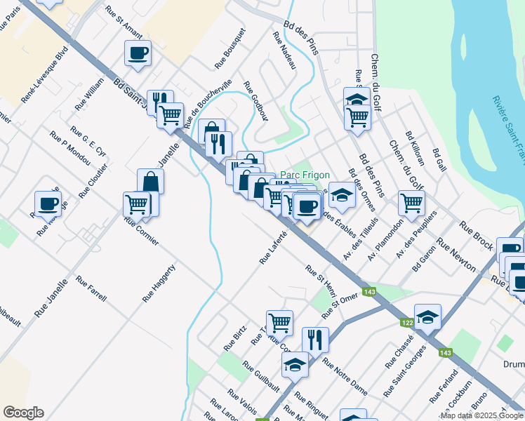 map of restaurants, bars, coffee shops, grocery stores, and more near 1015 Québec 143 in Drummondville