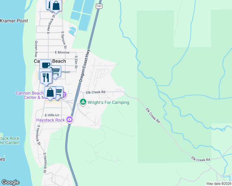 map of restaurants, bars, coffee shops, grocery stores, and more near 1345 Cascara Lane in Cannon Beach