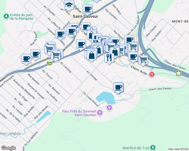map of restaurants, bars, coffee shops, grocery stores, and more near 124 Avenue Hochar in Saint-Sauveur