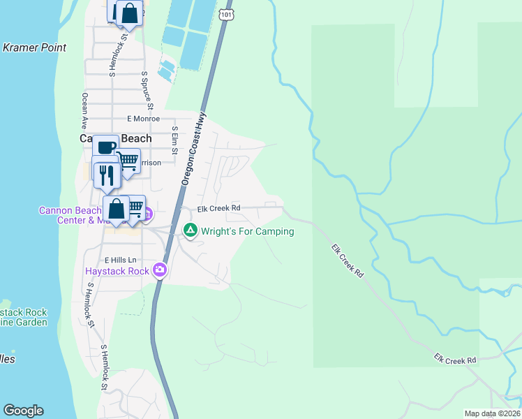 map of restaurants, bars, coffee shops, grocery stores, and more near 1345 Cascara Lane in Cannon Beach