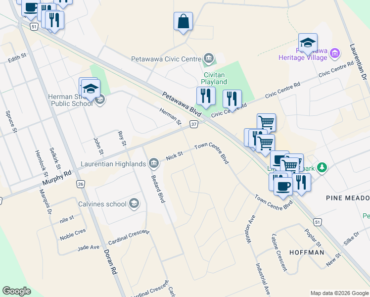 map of restaurants, bars, coffee shops, grocery stores, and more near 19 Nick Street in Petawawa