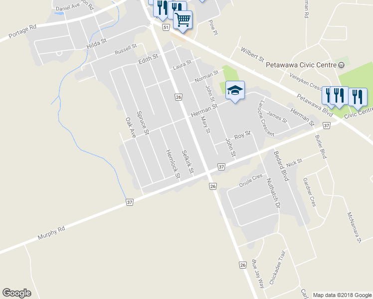 map of restaurants, bars, coffee shops, grocery stores, and more near 70 Selkirk Street in Petawawa