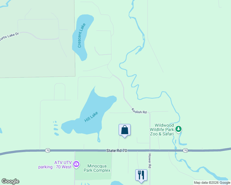map of restaurants, bars, coffee shops, grocery stores, and more near 8771 Koolish Road in Minocqua