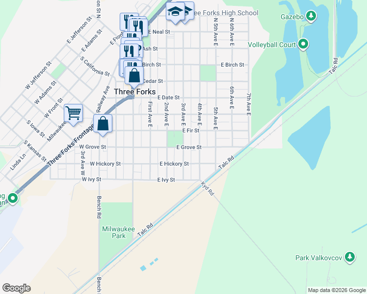 map of restaurants, bars, coffee shops, grocery stores, and more near 599 3rd Ave E in Three Forks