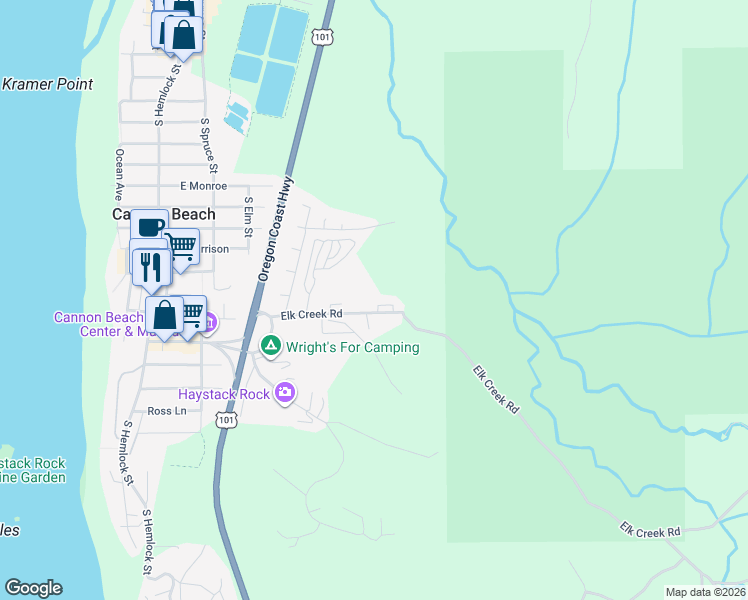 map of restaurants, bars, coffee shops, grocery stores, and more near 204 Old Cannon Beach Road in Cannon Beach