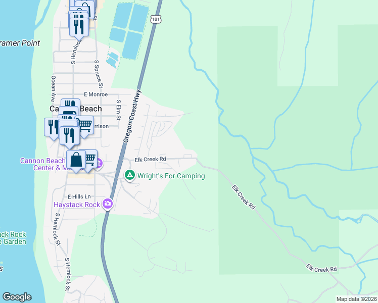 map of restaurants, bars, coffee shops, grocery stores, and more near 204 Old Cannon Beach Road in Cannon Beach