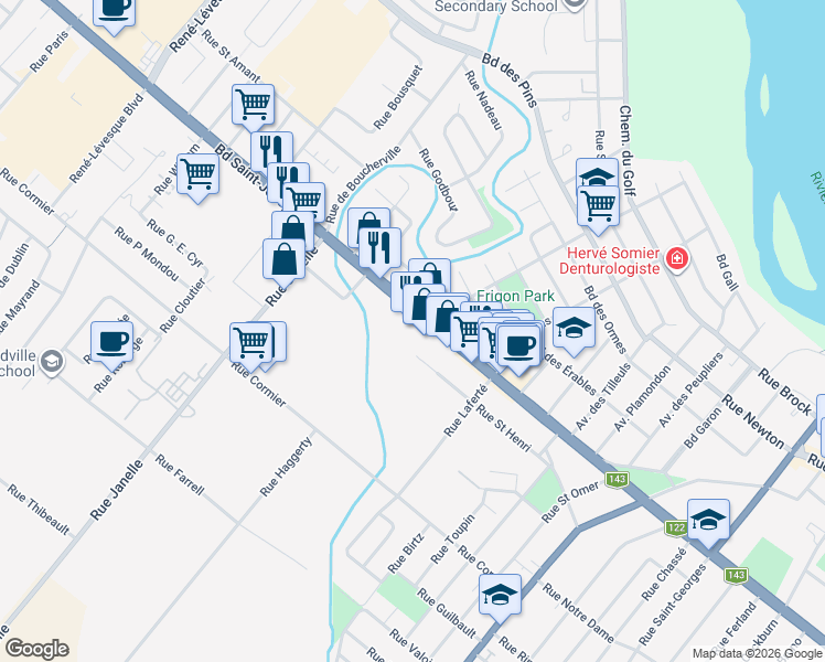 map of restaurants, bars, coffee shops, grocery stores, and more near 909 Québec 143 in Drummondville