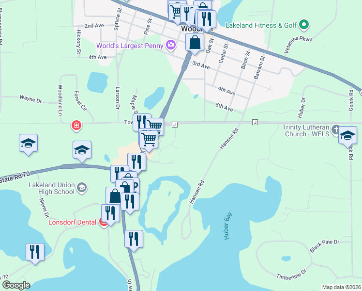 map of restaurants, bars, coffee shops, grocery stores, and more near 8764 Handrick Road in Minocqua