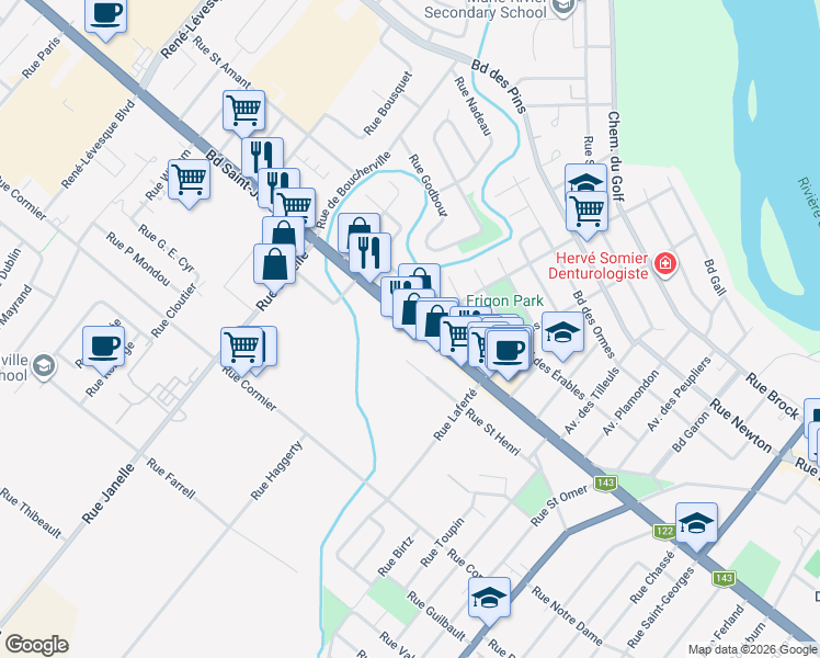 map of restaurants, bars, coffee shops, grocery stores, and more near 909 Québec 143 in Drummondville