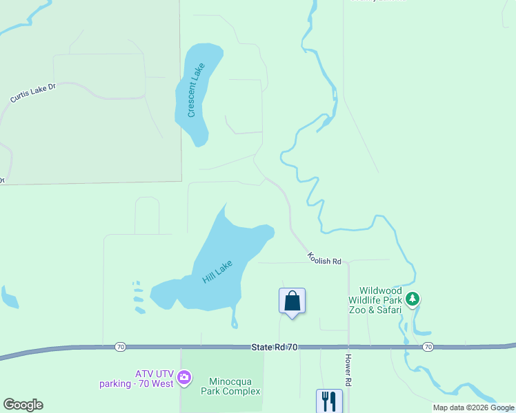 map of restaurants, bars, coffee shops, grocery stores, and more near 8771 Koolish Road in Minocqua