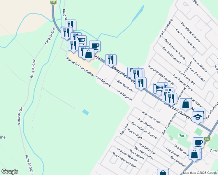 map of restaurants, bars, coffee shops, grocery stores, and more near 45 Rue Giguère in Lavaltrie