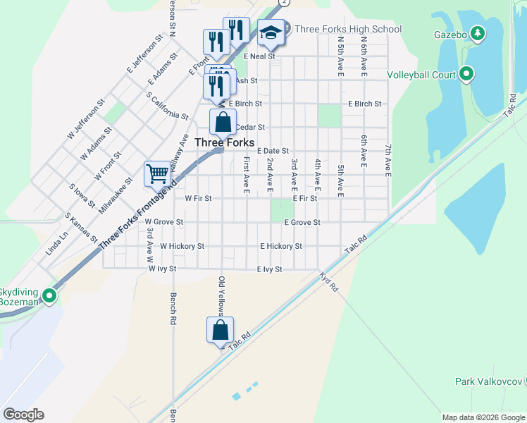 map of restaurants, bars, coffee shops, grocery stores, and more near 515 First Avenue East in Three Forks