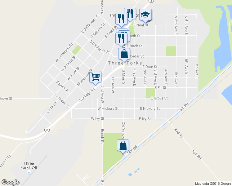 map of restaurants, bars, coffee shops, grocery stores, and more near 515 First Avenue East in Three Forks