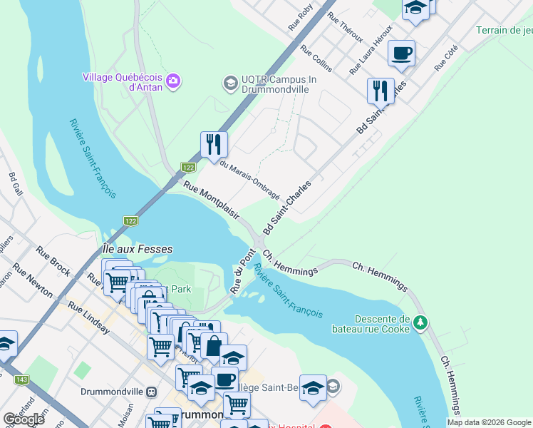 map of restaurants, bars, coffee shops, grocery stores, and more near 1900 Rue Montplaisir in Drummondville