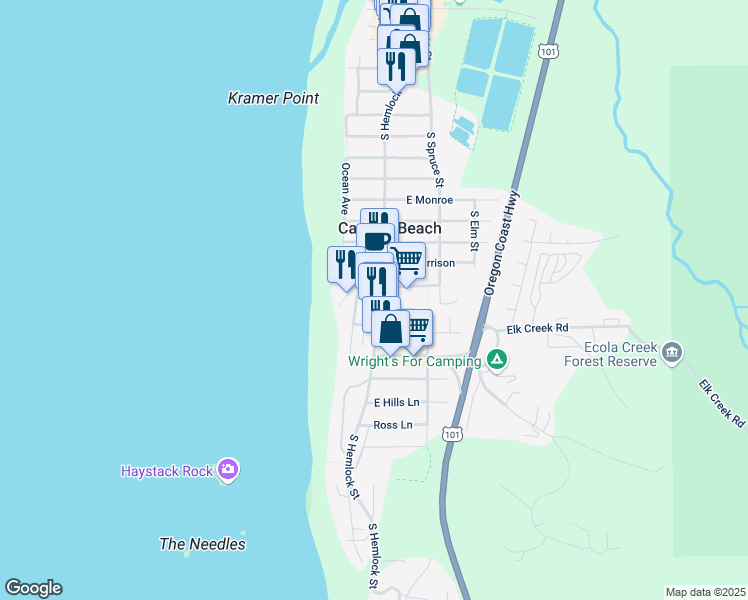 map of restaurants, bars, coffee shops, grocery stores, and more near 1170 South Hemlock Street in Cannon Beach