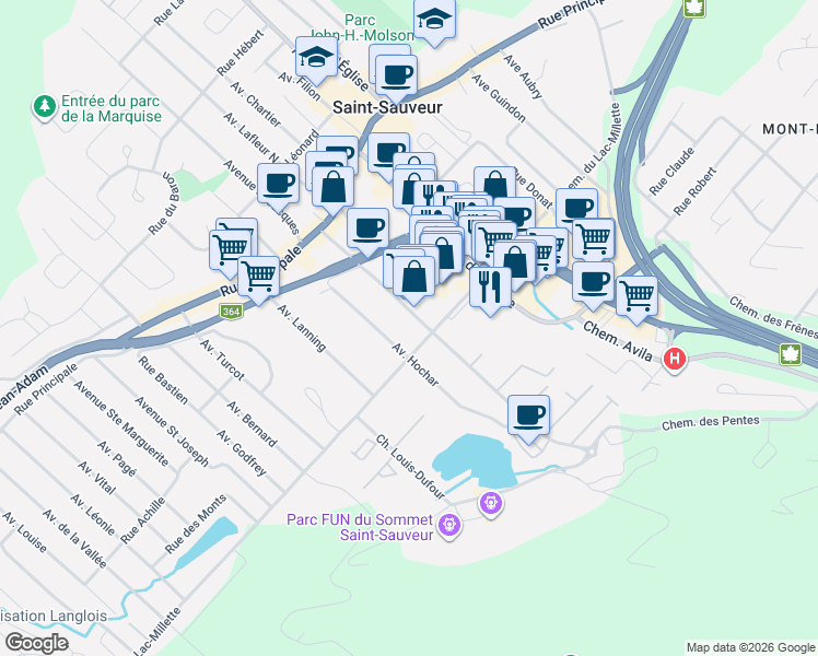 map of restaurants, bars, coffee shops, grocery stores, and more near 61 Avenue Saint Denis in Saint-Sauveur