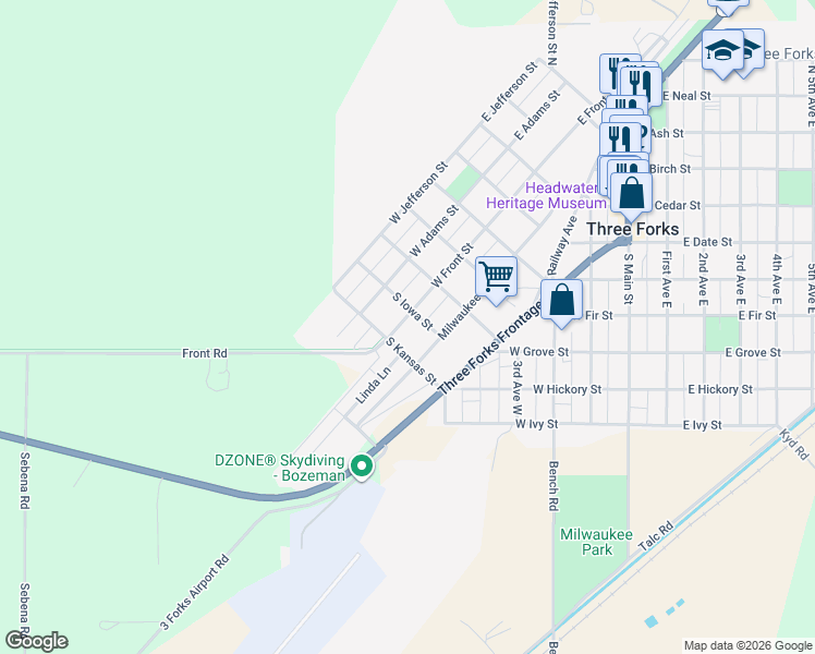 map of restaurants, bars, coffee shops, grocery stores, and more near 509 West Front Street in Three Forks