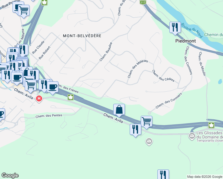 map of restaurants, bars, coffee shops, grocery stores, and more near 368 Chemin des Épinettes in Piedmont
